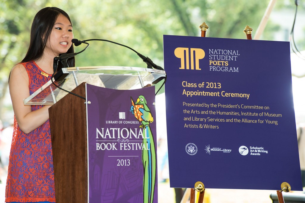 Aline Dolinh reading poems at NSP Appt. Ceremony - cr. Tony Brown